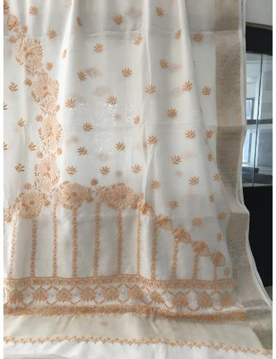 Chhangamal Hand Embroidered Cream Colour Mul Chanderi Chikankari Saree