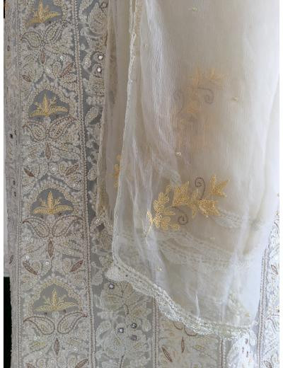 Chhangamal Hand Embroidered Cream Colour Pure Georgette Chikankari Suit Piece