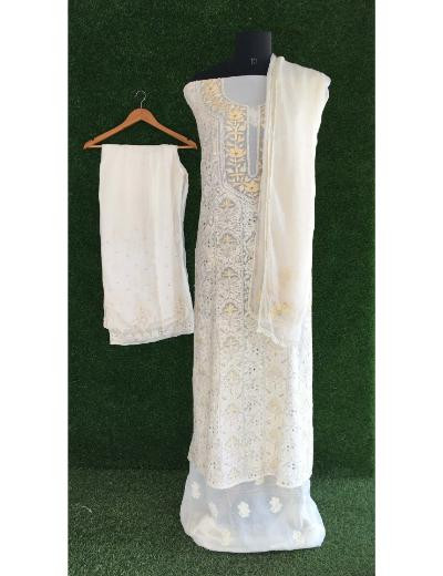 Chhangamal Hand Embroidered Cream Colour Pure Georgette Chikankari Suit Piece