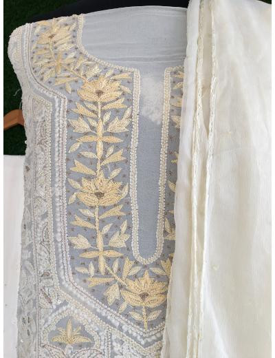 Chhangamal Hand Embroidered Cream Colour Pure Georgette Chikankari Suit Piece