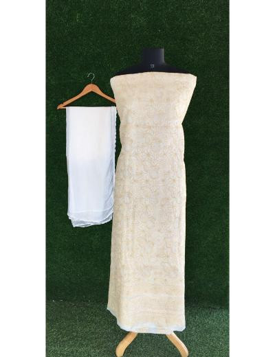 Chhangamal Hand Embroidered Cream Colour Silk Chikankari Suit Length