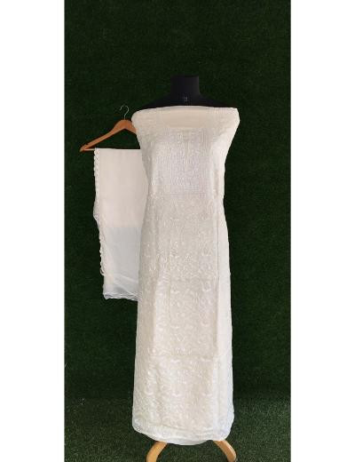 Chhangamal Hand Embroidered Cream Colour Silk Chikankari Suit Piece
