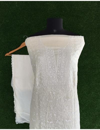 Chhangamal Hand Embroidered Cream Colour Silk Chikankari Suit Piece
