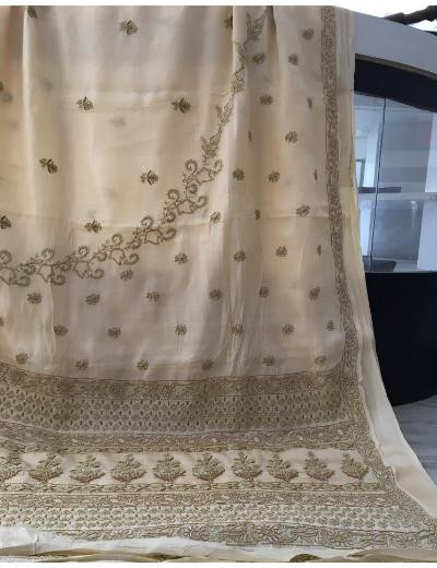 Chhangamal Hand Embroidered Cream Colour Tussar Slik Chikankari Saree