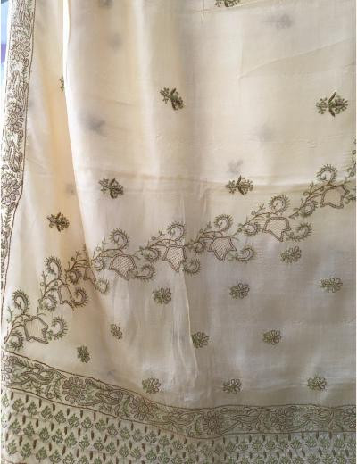 Chhangamal Hand Embroidered Cream Colour Tussar Slik Chikankari Saree