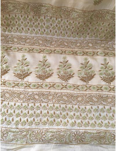 Chhangamal Hand Embroidered Cream Colour Tussar Slik Chikankari Saree
