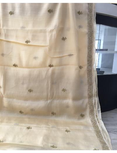 Chhangamal Hand Embroidered Cream Colour Tussar Slik Chikankari Saree