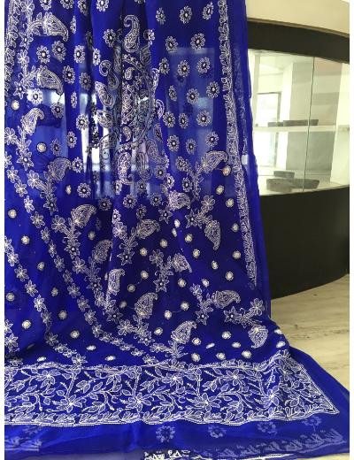 Chhangamal Hand Embroidered Dark Blue Colour Georgette Chikankari Saree