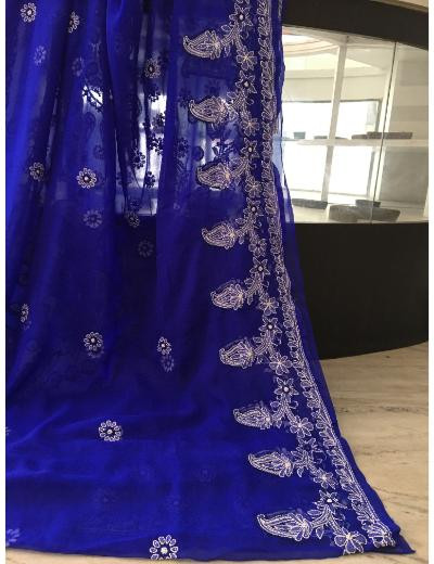 Chhangamal Hand Embroidered Dark Blue Colour Georgette Chikankari Saree