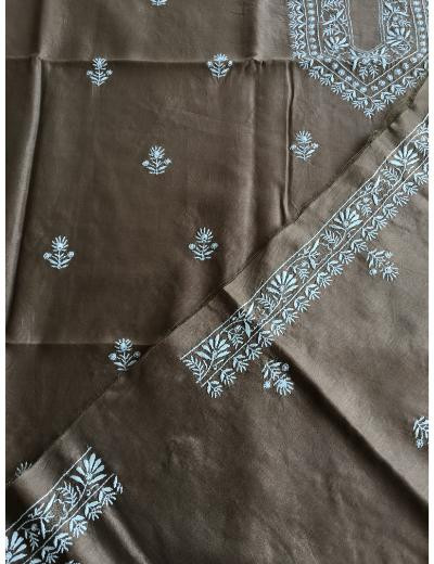 Chhangamal Hand Embroidered Dark Brown Colour Chanderi Silk  Chikankari Unstitched Men’s kurta Piece
