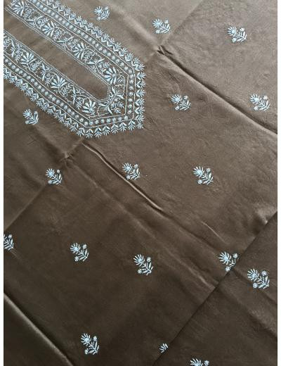 Chhangamal Hand Embroidered Dark Brown Colour Chanderi Silk  Chikankari Unstitched Men’s kurta Piece