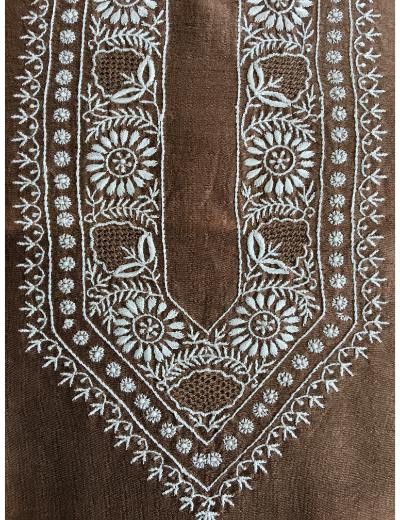 Chhangamal Hand Embroidered Dark Brown Colour Chanderi Silk  Chikankari Unstitched Men’s 	kurta Piece