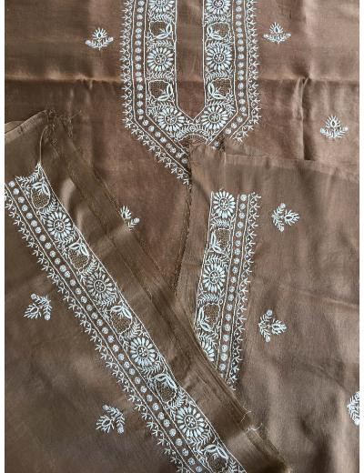 Chhangamal Hand Embroidered Dark Brown Colour Chanderi Silk  Chikankari Unstitched Men’s 	kurta Piece