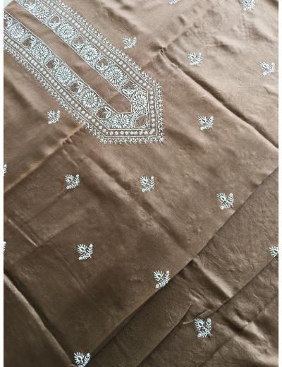 Chhangamal Hand Embroidered Dark Brown Colour Chanderi Silk  Chikankari Unstitched Men’s 	kurta Piece