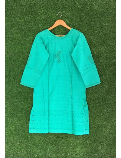 Chhangamal Hand Embroidered Dark Green Colour Cotton Chikankari Kurti