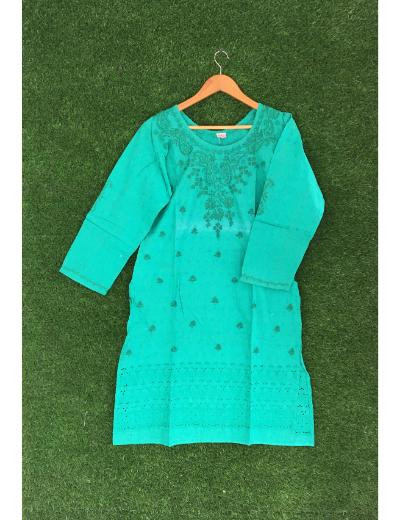 Chhangamal Hand Embroidered Dark Green Colour Cotton Chikankari Kurti