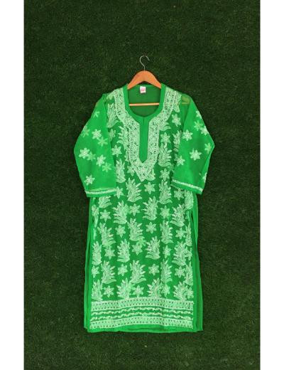 Chhangamal Hand Embroidered Dark Green Colour Georgette Chikankari Kurti Piece