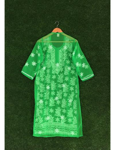 Chhangamal Hand Embroidered Dark Green Colour Georgette Chikankari Kurti Piece