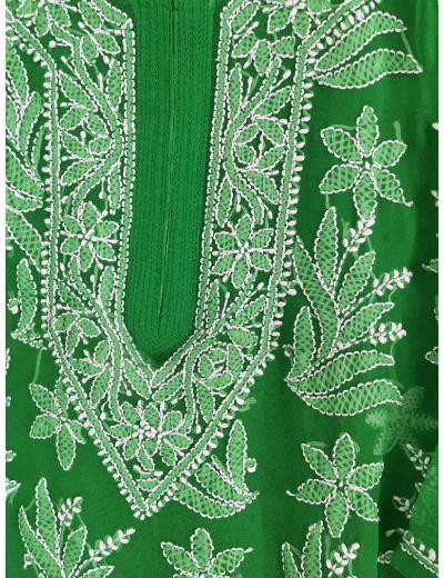 Chhangamal Hand Embroidered Dark Green Colour Georgette Chikankari Kurti Piece