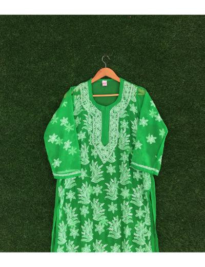 Chhangamal Hand Embroidered Dark Green Colour Georgette Chikankari Kurti Piece