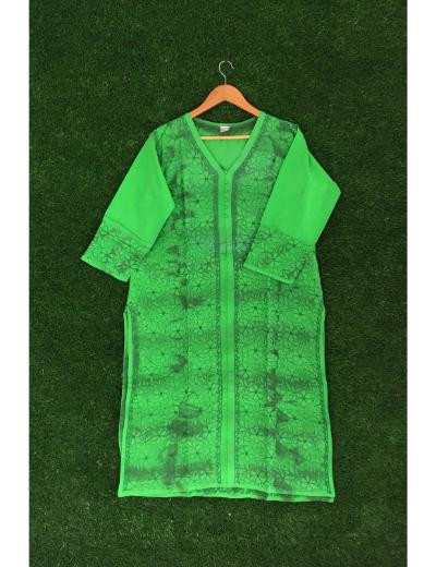 Chhangamal Hand Embroidered Dark Green Colour Linen Cotton Chikankari Kurti