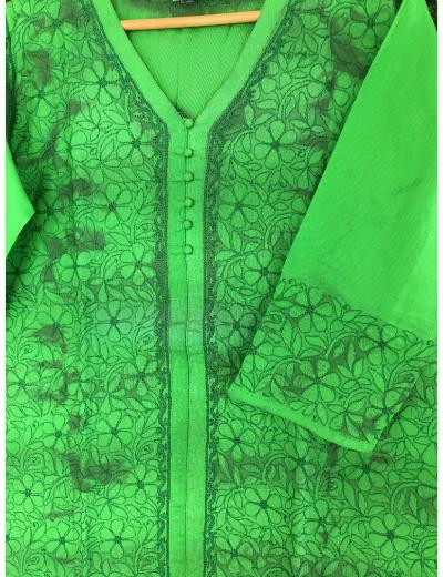 Chhangamal Hand Embroidered Dark Green Colour Linen Cotton Chikankari Kurti