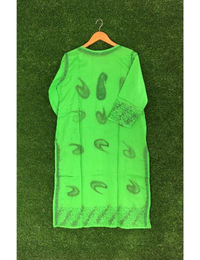 Chhangamal Hand Embroidered Dark Green Colour Linen Cotton Chikankari Kurti