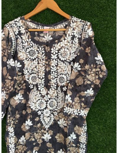Chhangamal Hand Embroidered Dark Grey Colour Mul Cotton Chikankari Kurti Piece