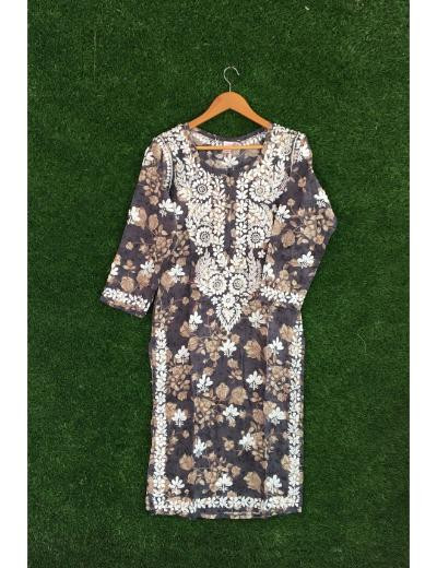 Chhangamal Hand Embroidered Dark Grey Colour Mul Cotton Chikankari Kurti Piece