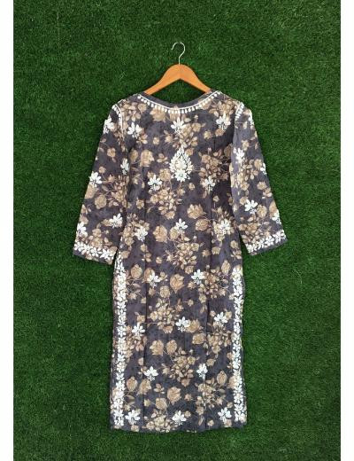 Chhangamal Hand Embroidered Dark Grey Colour Mul Cotton Chikankari Kurti Piece