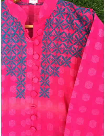 Chhangamal Hand Embroidered Dark Magenta Colour Chanderi Chikankari Kurti