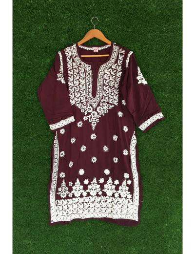 Chhangamal Hand Embroidered Dark Maroon Colour Modal Chikankari Kurti