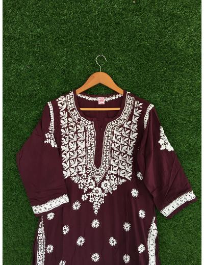 Chhangamal Hand Embroidered Dark Maroon Colour Modal Chikankari Kurti