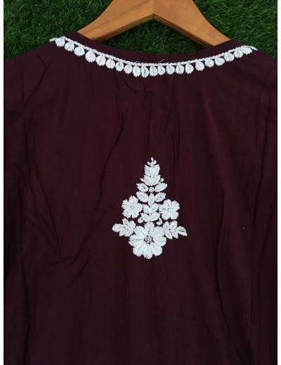 Chhangamal Hand Embroidered Dark Maroon Colour Modal Chikankari Kurti