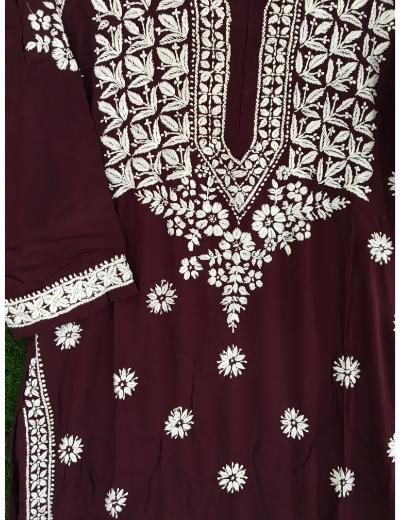 Chhangamal Hand Embroidered Dark Maroon Colour Modal Chikankari Kurti