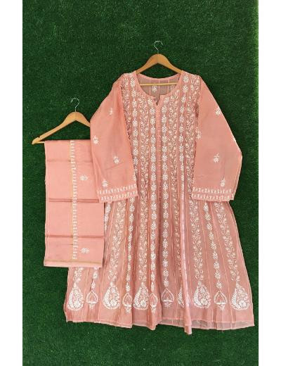Chhangamal Hand Embroidered Dark Peach Colour Mul-chanderi Chikankari Kurta Dupatta Piece