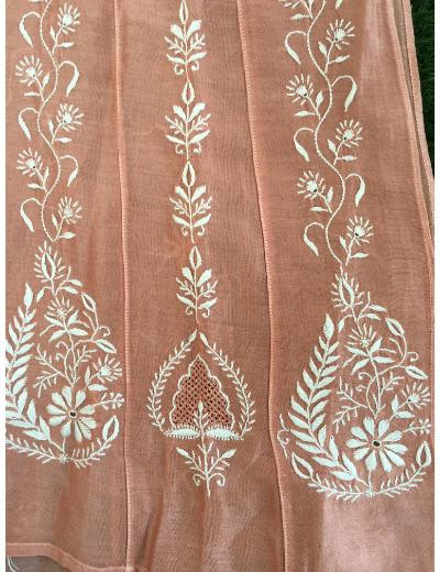 Chhangamal Hand Embroidered Dark Peach Colour Mul-chanderi Chikankari Kurta Dupatta Piece