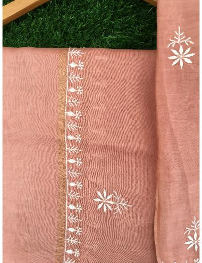 Chhangamal Hand Embroidered Dark Peach Colour Mul-chanderi Chikankari Kurta Dupatta Piece
