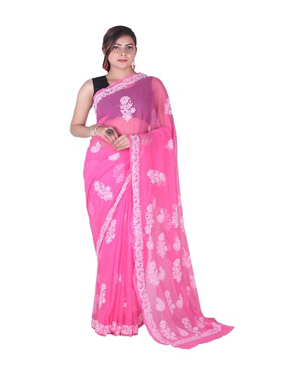 Chhangamal Hand Embroidered Dark Pink Chikankari Faux Georgette Saree
