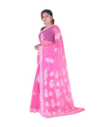 Chhangamal Hand Embroidered Dark Pink Chikankari Faux Georgette Saree