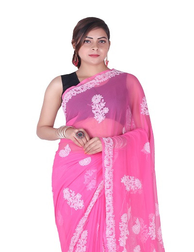 Chhangamal Hand Embroidered Dark Pink Chikankari Faux Georgette Saree