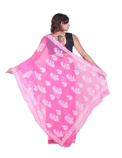 Chhangamal Hand Embroidered Dark Pink Chikankari Faux Georgette Saree