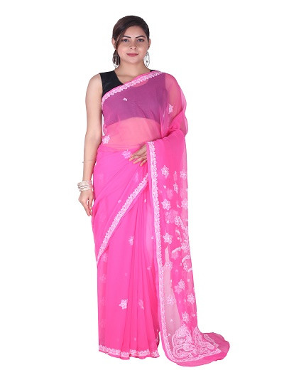 Chhangamal Hand Embroidered Dark Pink Chikankari Faux Georgette Saree