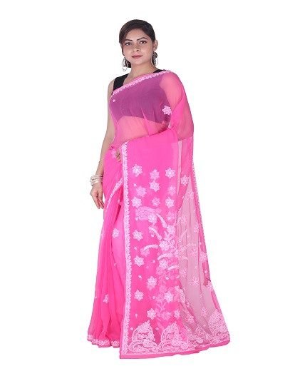 Chhangamal Hand Embroidered Dark Pink Chikankari Faux Georgette Saree