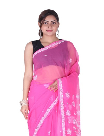 Chhangamal Hand Embroidered Dark Pink Chikankari Faux Georgette Saree