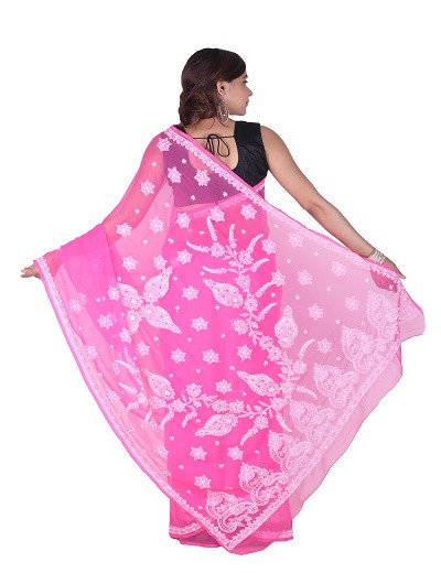 Chhangamal Hand Embroidered Dark Pink Chikankari Faux Georgette Saree