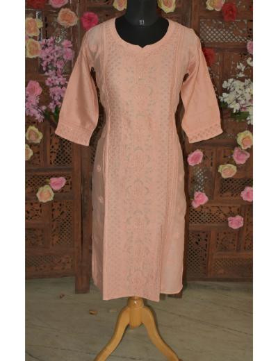 Chhangamal Hand Embroidered Dark Pink Colour Chanderi Silk Kurti