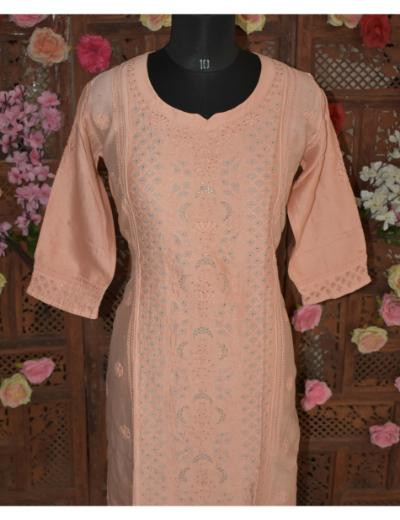 Chhangamal Hand Embroidered Dark Pink Colour Chanderi Silk Kurti