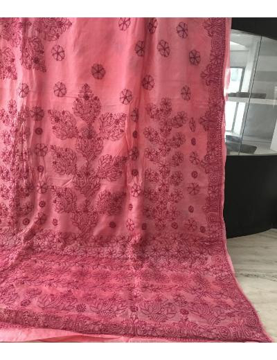 Chhangamal Hand Embroidered Dark Pink Colour Tussar Slik Chikankari Saree