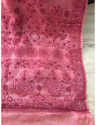 Chhangamal Hand Embroidered Dark Pink Colour Tussar Slik Chikankari Saree